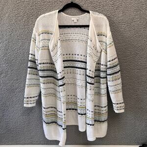 J Jill Cardigan Sweater Womens Top XL Striped Duster Open Front White Multicolor